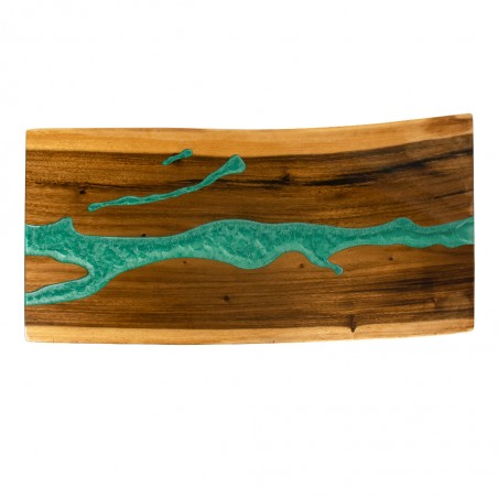 Stylowa ława drewniana orzech z zieloną żywicą