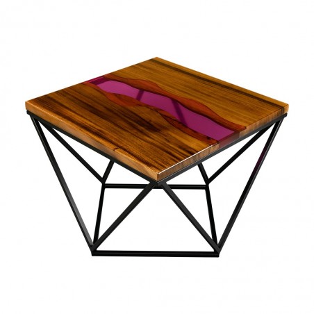 Ekskluzywny stolik kawowy drewniany z żywicą oraz metalową podstawą