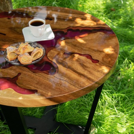Okrągły stolik kawowy 60 cm drewno orzechowe z żywicą