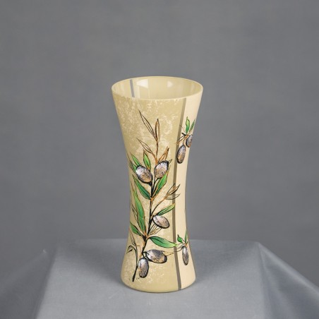 Wazon dekoracyjny szklany, zdobiony ręcznie, z pięknym motywem gałązek oliwkowych